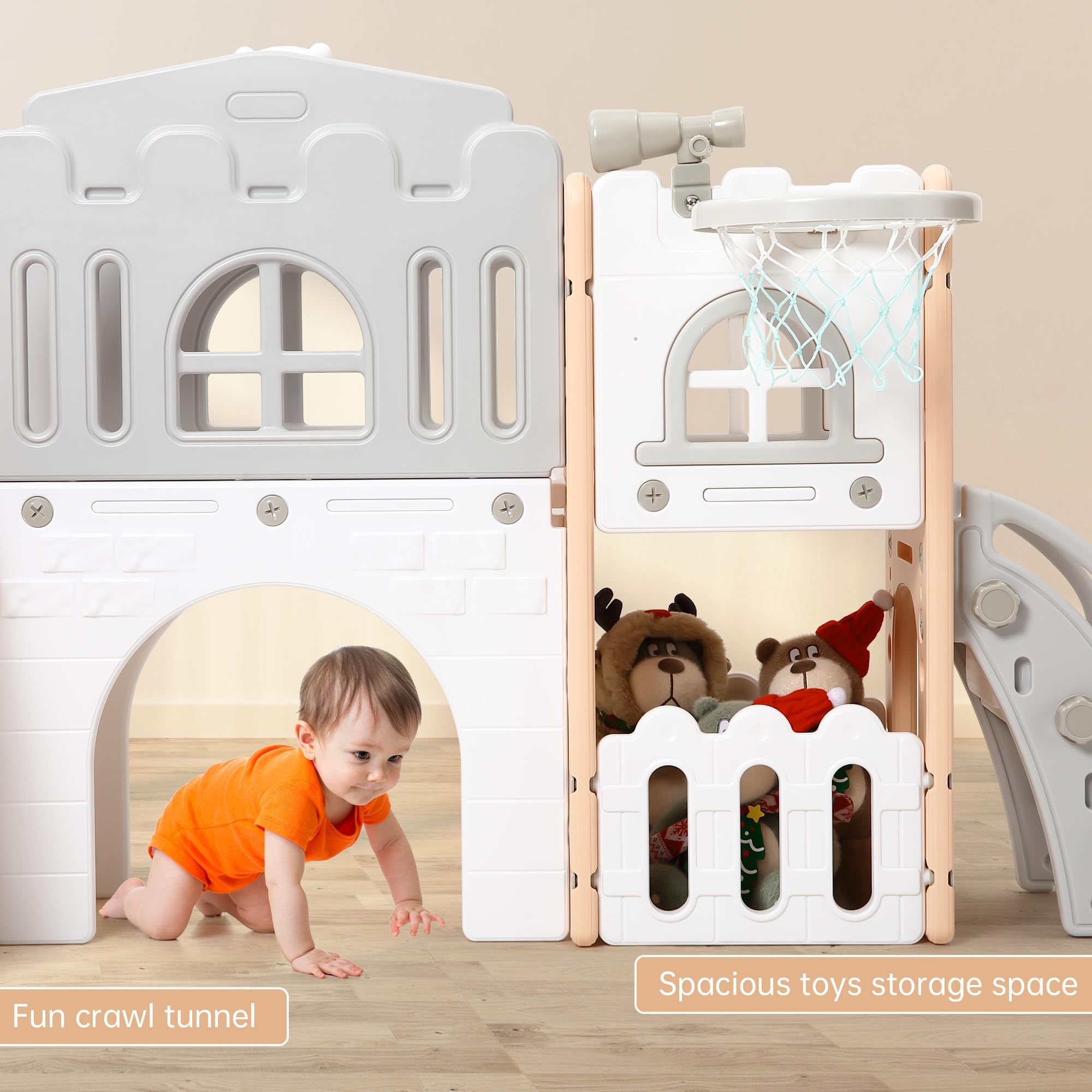 11-in-1 Kinderrutsche Indoor & Outdoor – Multifunktions Spielset Mit Klettergerüst, Basketballkorb, Tunnel, Lenkrad, Teleskop Und Zeichentafel Für Kinder 1-5 Jahre, Sicher Und Stabil, Rosa