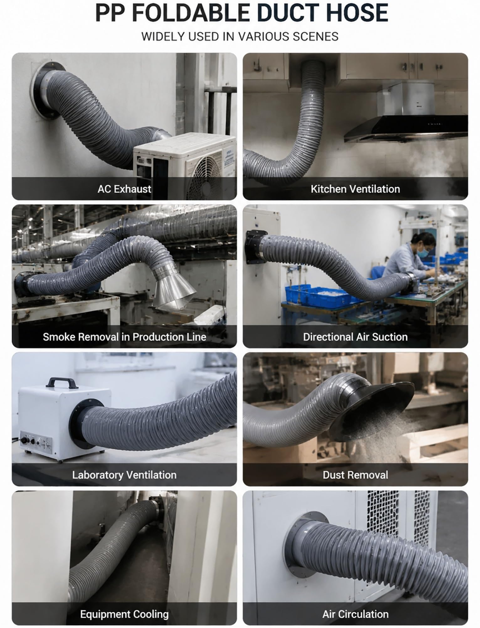 Tubo flexible plegable de PP – Conducto retráctil de ventilación y extracción con alambre de acero, 25–250 mm, para humo y polvo, ventilación industrial y talleres(Milk,ID 80mmx400cm)