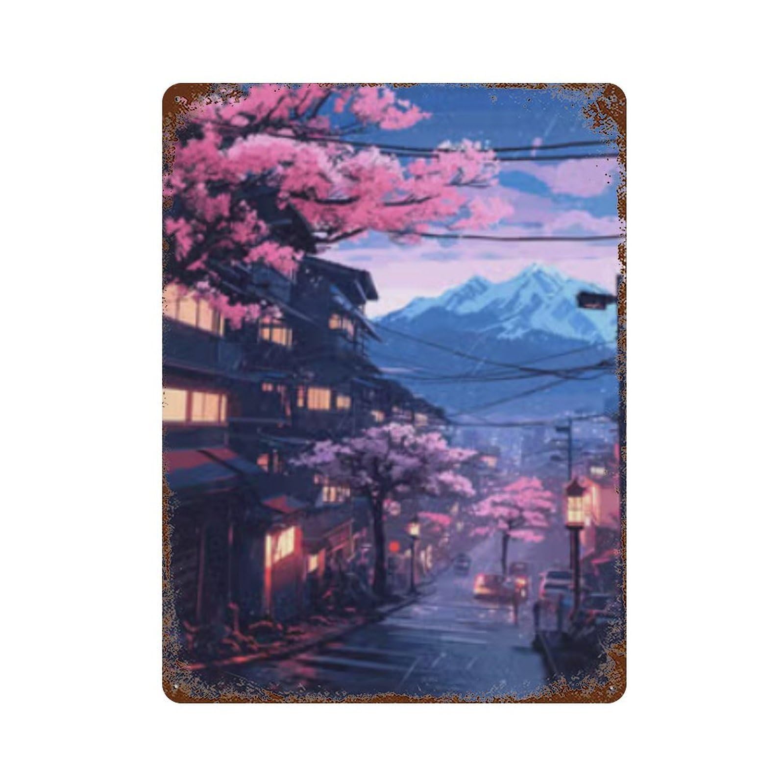 Cherry Blossom Townscape Distressed Metal Wall Sign 15.7"x11.8", for Garage, Bar And Workshop Decor, Decorative Metal Wall Art