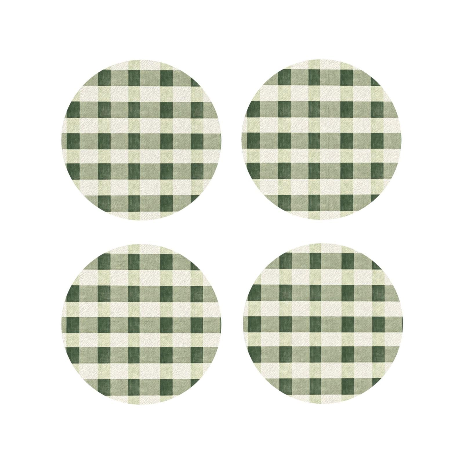 Leather Coasters Set of 4 - Turquoise Plaid Print Lightweight Drink Coasters for Desk