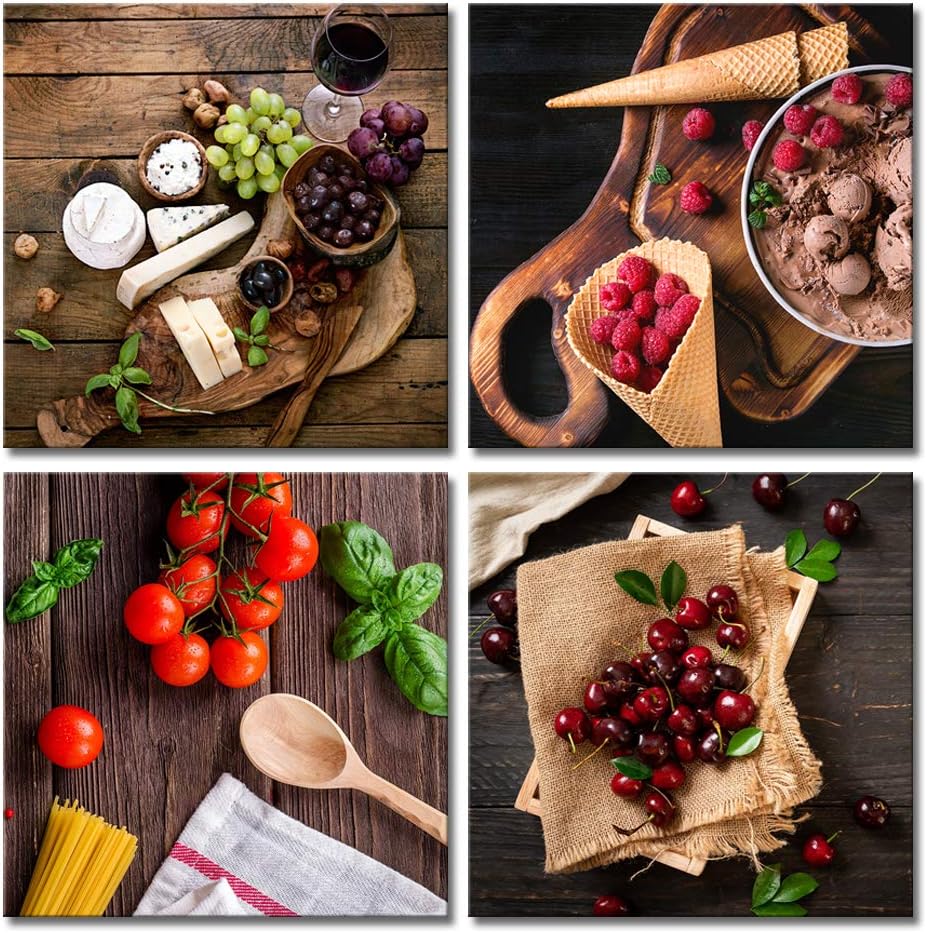 Derkymo Kitchen Picture Wall Decor 4 Pieces Colorful Fruit Canvas Painting Food on Vintage Wooden Wall Art for Home Decoration Ready Easy to Hang 12"x12"x4pcs