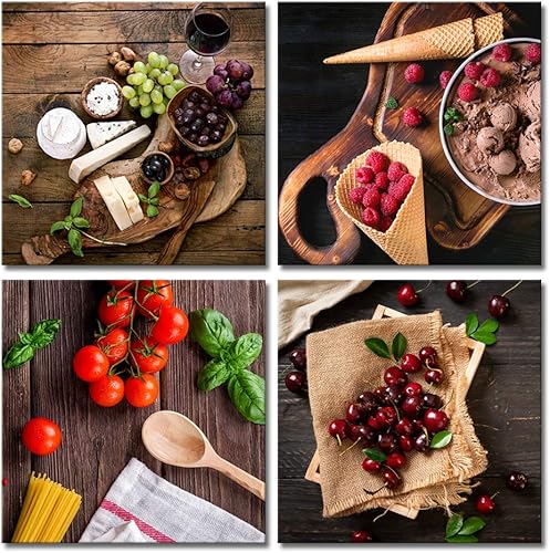 Derkymo Cuadro de cocina para decoración de pared, 4 piezas coloridas de frutas, pintura en lienzo de comida en madera vintage, arte de pared para