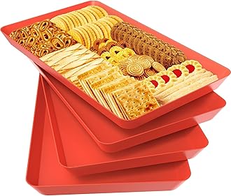 WOWBOX 4 pcs Serving Tray for Entertaining, Serving Platters for Snacks, Fruit, Cookies, Dessert, Reusable Plastic Trays for Serving Food and Pantry Organization in Kitchen & for Parties, (Red)