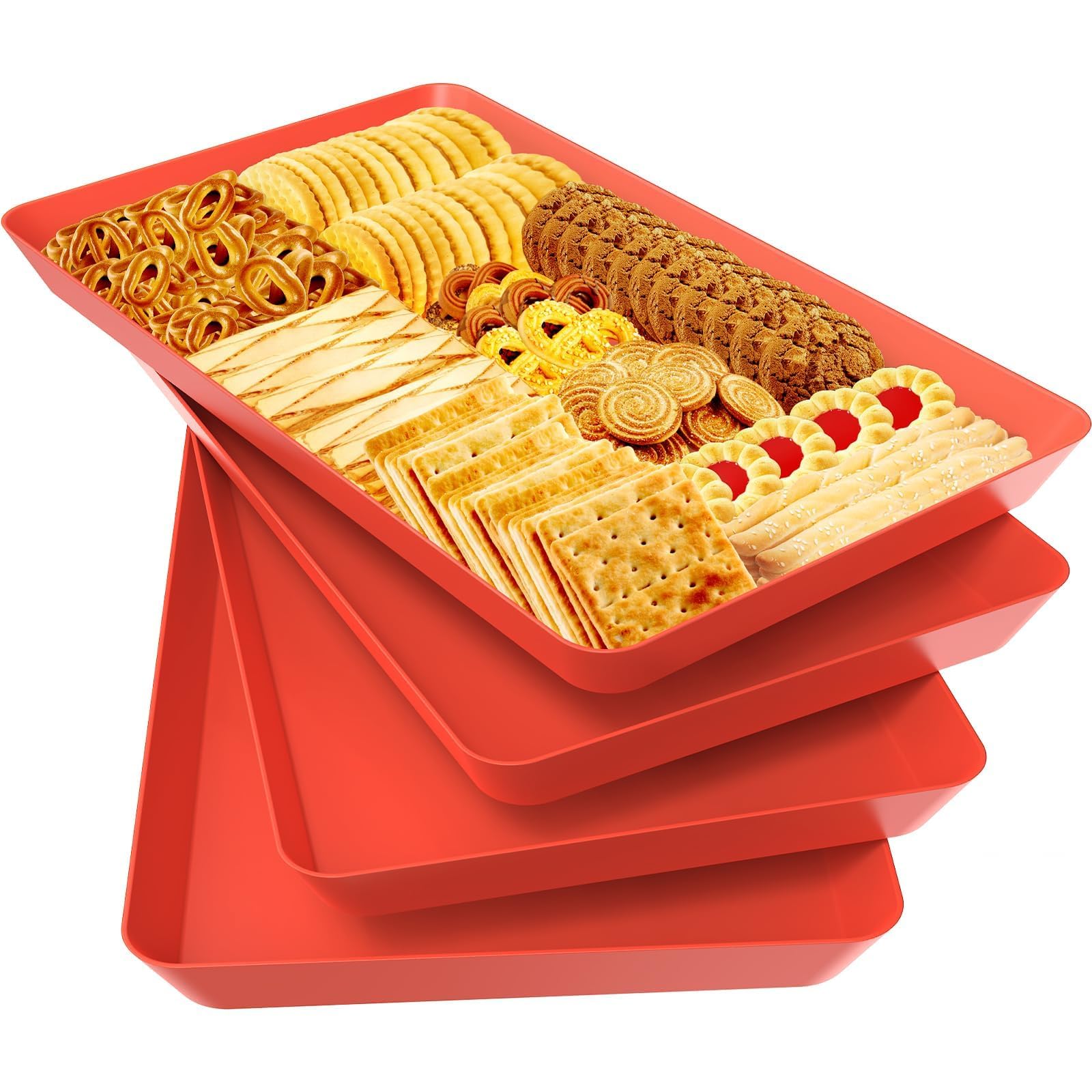 WOWBOX4 pcs Serving Tray for Entertaining, Serving Platters for Snacks, Fruit, Cookies, Dessert, Reusable Plastic Trays for Serving Food and Pantry Organization in Kitchen & for Parties, (Red)