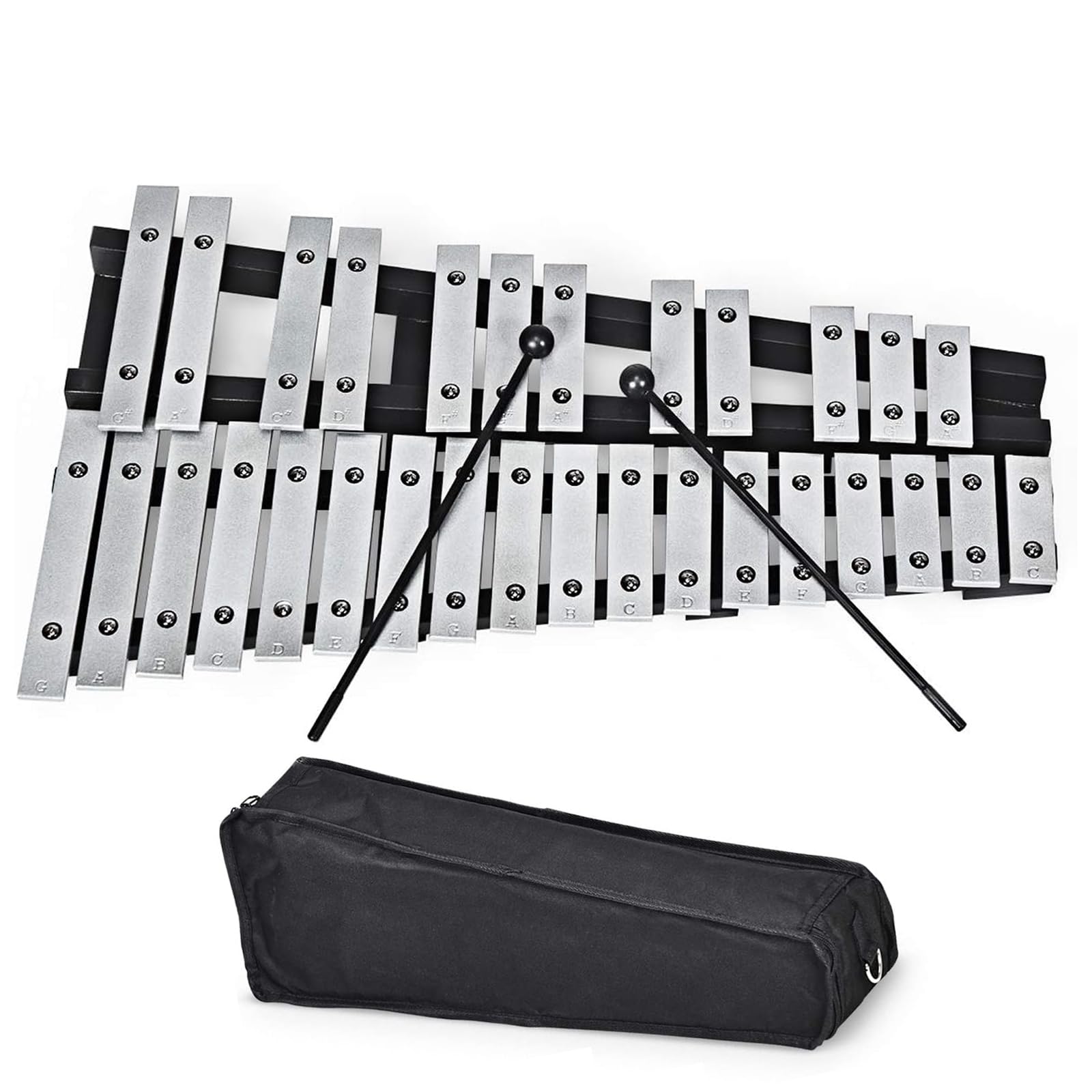 COSTWAY Glockenspiel Xilófono con 30 Notas, Instrumento de Percusión de Madera, Percusión de Mano Plegable con 2 Mazos Estuche, y Bolsa de Transporte Ideal para Niños y Adultos, Blanco y Negro