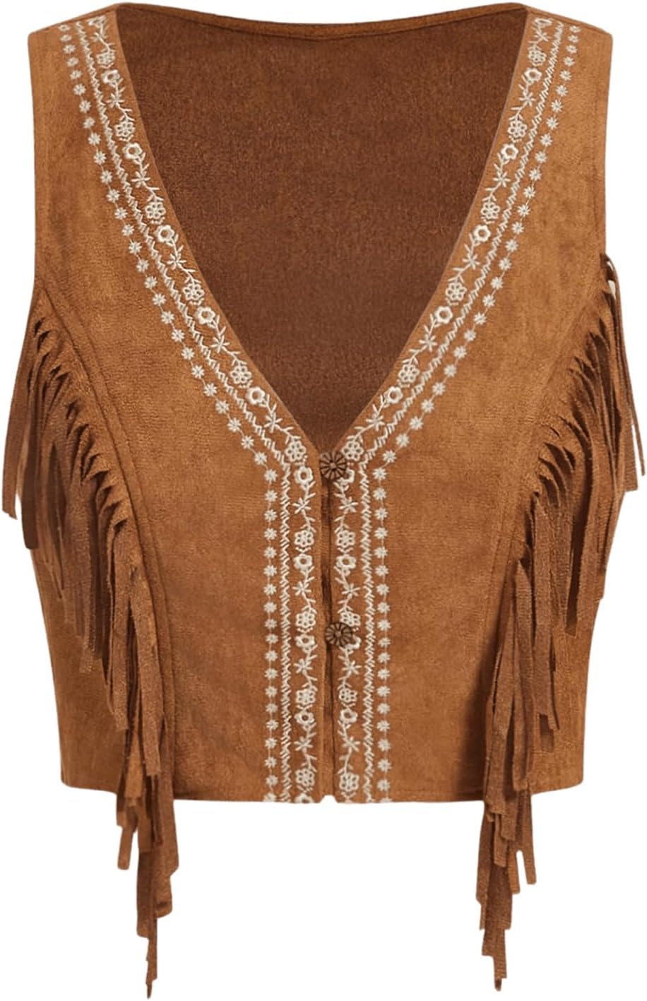 OYOANGLE Women's Button Front Fringe Cowgirl Vest Embroidered V Neck Sleeveless Crop Jackets