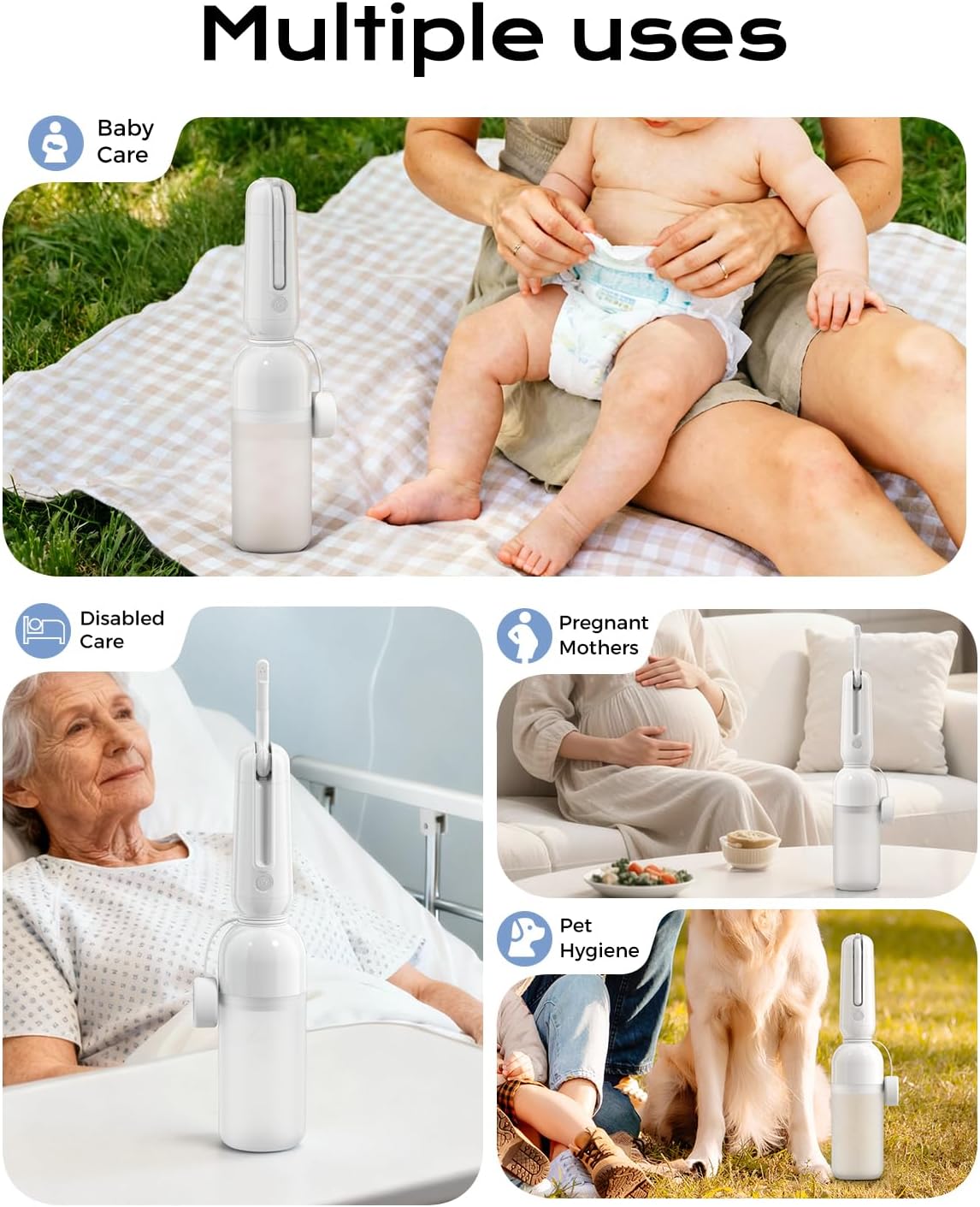 ESSAGER Portable Bidet for Travel, Foldable & Rechargeable Handheld Sprayer–Waterproof with 2 Pressure Modes, 350ml Expandable Bottle for Women, Men, Baby, Postpartum & Personal Hygiene(White)