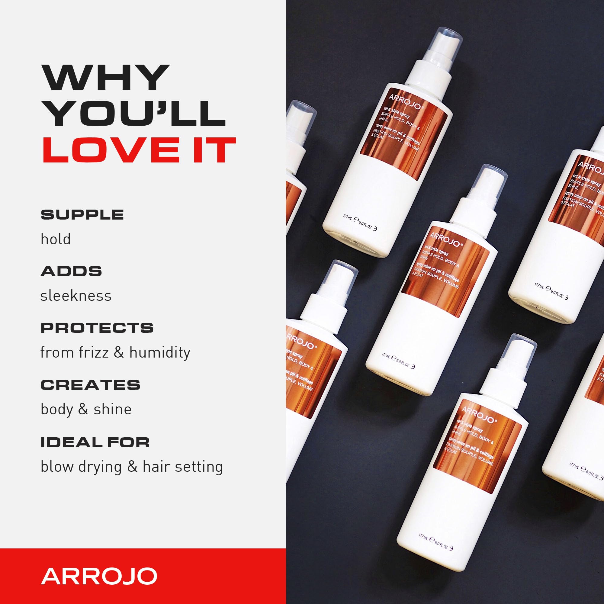 ARROJO Set & Style Hair Spray – Blow Dry Spray To Create Body, Shine, Hold – Hair Shine Spray For Blow-Drying -Hair Setting – Anti Frizz Hair Products To Fight Humidity (6 Oz)
