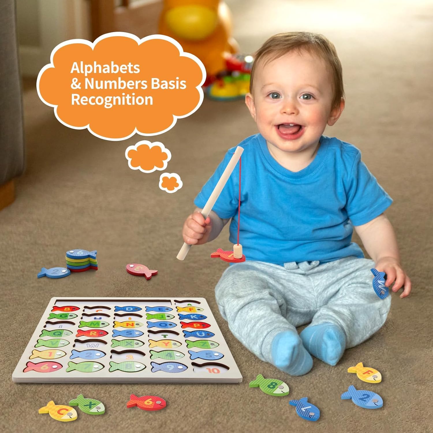 SHINETOY Magnetic Alphabet Numbers Fishing Game, Wooden ABC Letter Numbers 123 Color Matching Puzzle Fine Motor Montessori Educational Toy for Preschool 3 4 5 Year Old Toddlers, 2 Poles 4