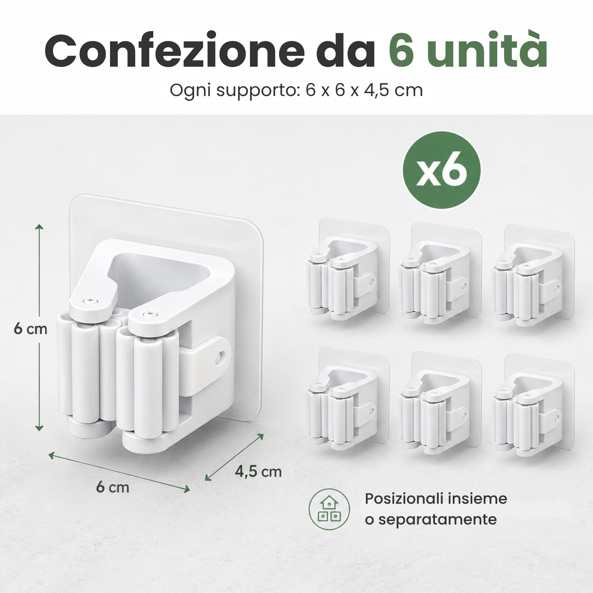 Porta Scope Parete Adesivo Set da 6, Portascope da Muro Appendibile Senza Forare, Appendi Scope Bianco per Scopa e Mocio, Cucina, Bagno, Lavanderia e Garage, 6 x 6 x 4,5 cm