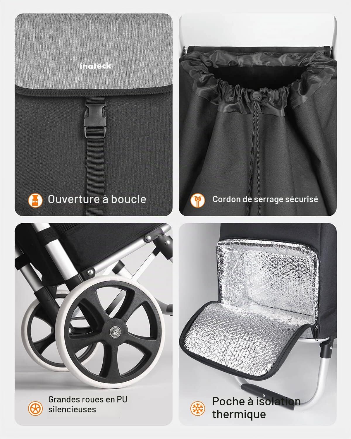 Inateck Chariot de Courses Pliable 41L Grandes Roues Silencieuses Cadre Aluminium Sac Imperméable Isotherme Noir Gris