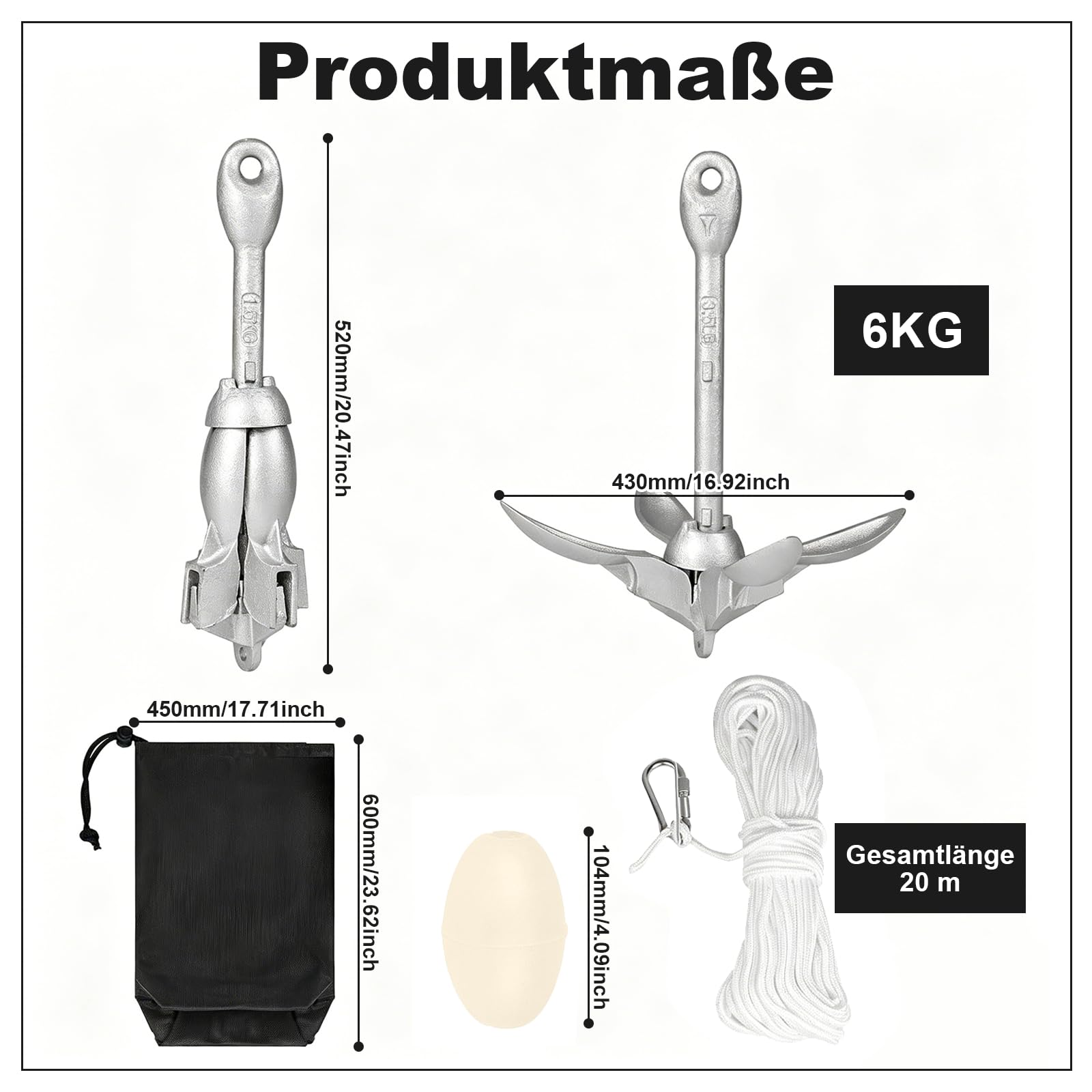 Anker Boot 6KG Faltanker mit 20 m Ankerleine und Tasche, Bootsanker für Kajak, Schlauchboot, SUP-Board, Kanu und Motorboot, Bootszubehör für Wassersport, Outdoor und Angeln