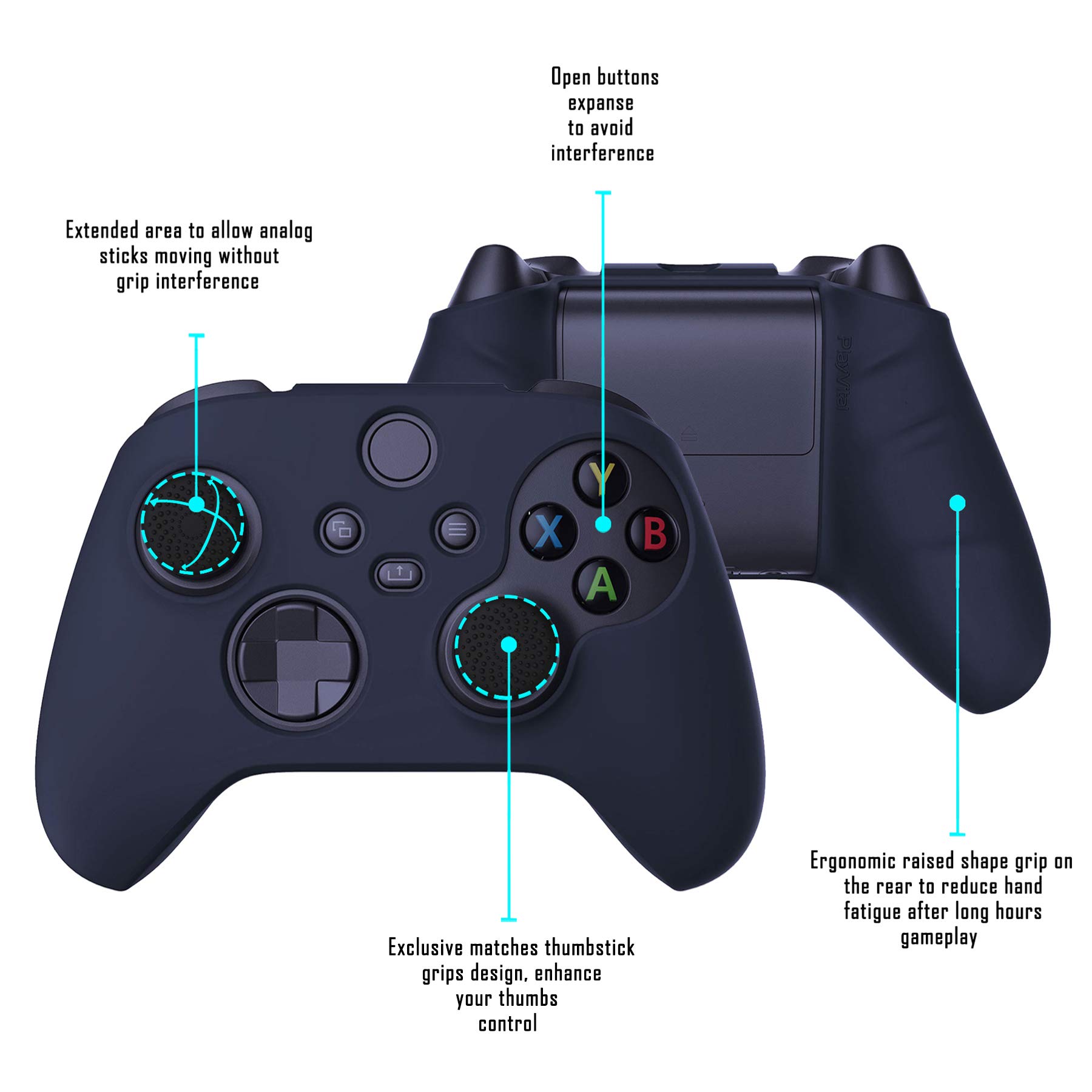 PlayVital Pure Xbox Series Xコントローラーに対応用アンチスリップシリコーンカバースキン、黒い親指グリップキャップ付き、Xbox Coreワイヤレスコントローラ対応用ソフトラバーケースプロテクター【ミッドナイトブルー】 - 3