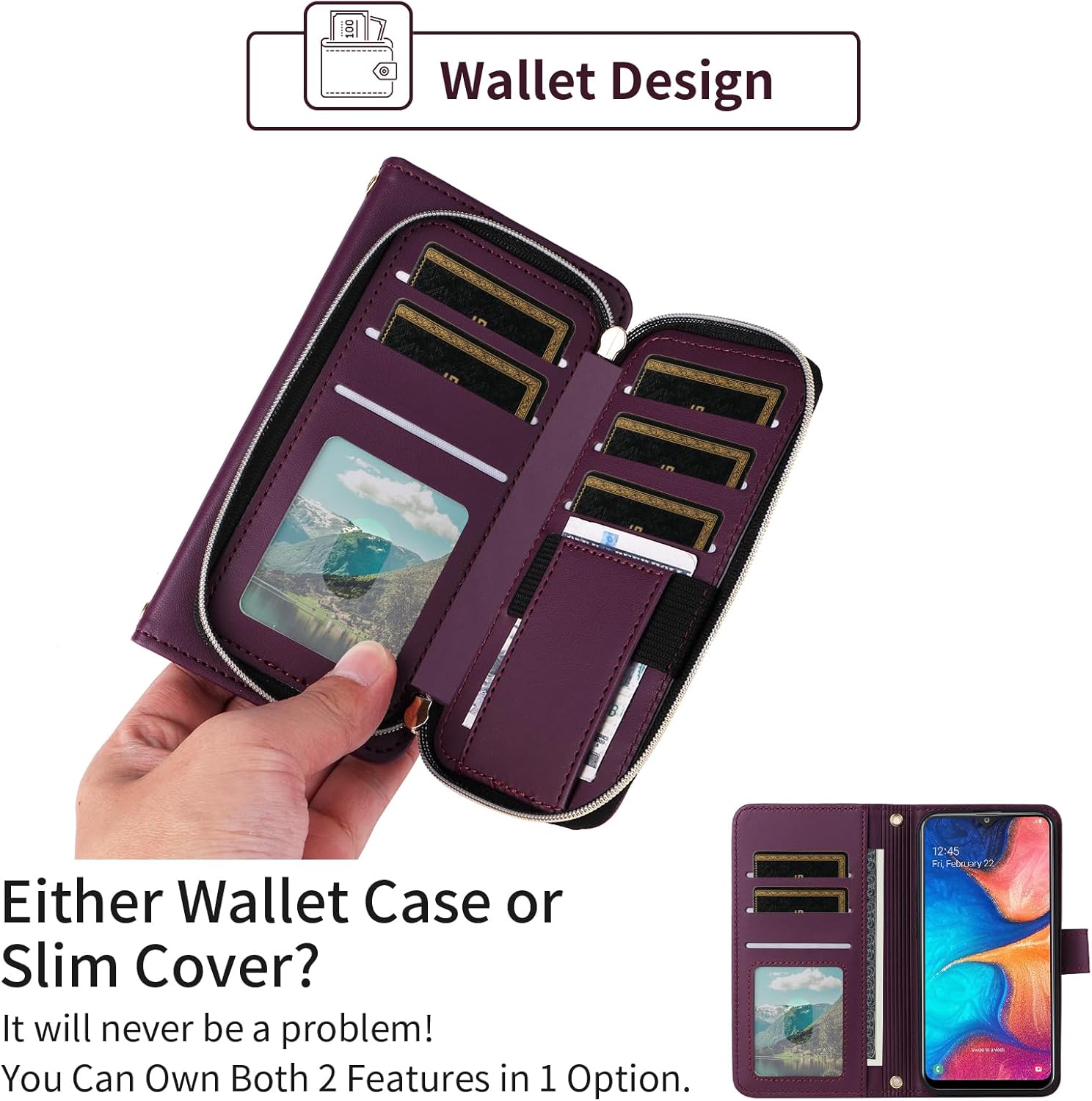 Argyle Wallet Case for Samsung Galaxy A20 A30 with Wrist Strap Shoulder Strap, 9+ Card Slots Zipper Purse Luxury PU Leather Stand Checkered Phone Cover for M10s A 30 20A SM A205G Deep Purple