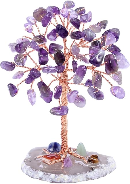 JSDDE Mini Crystal Tree Healing Crystal Tumble Stone Tree of Life Feng Shui Tree Gemstones Agate Money Tree Figurines Ornament (Amethyst)