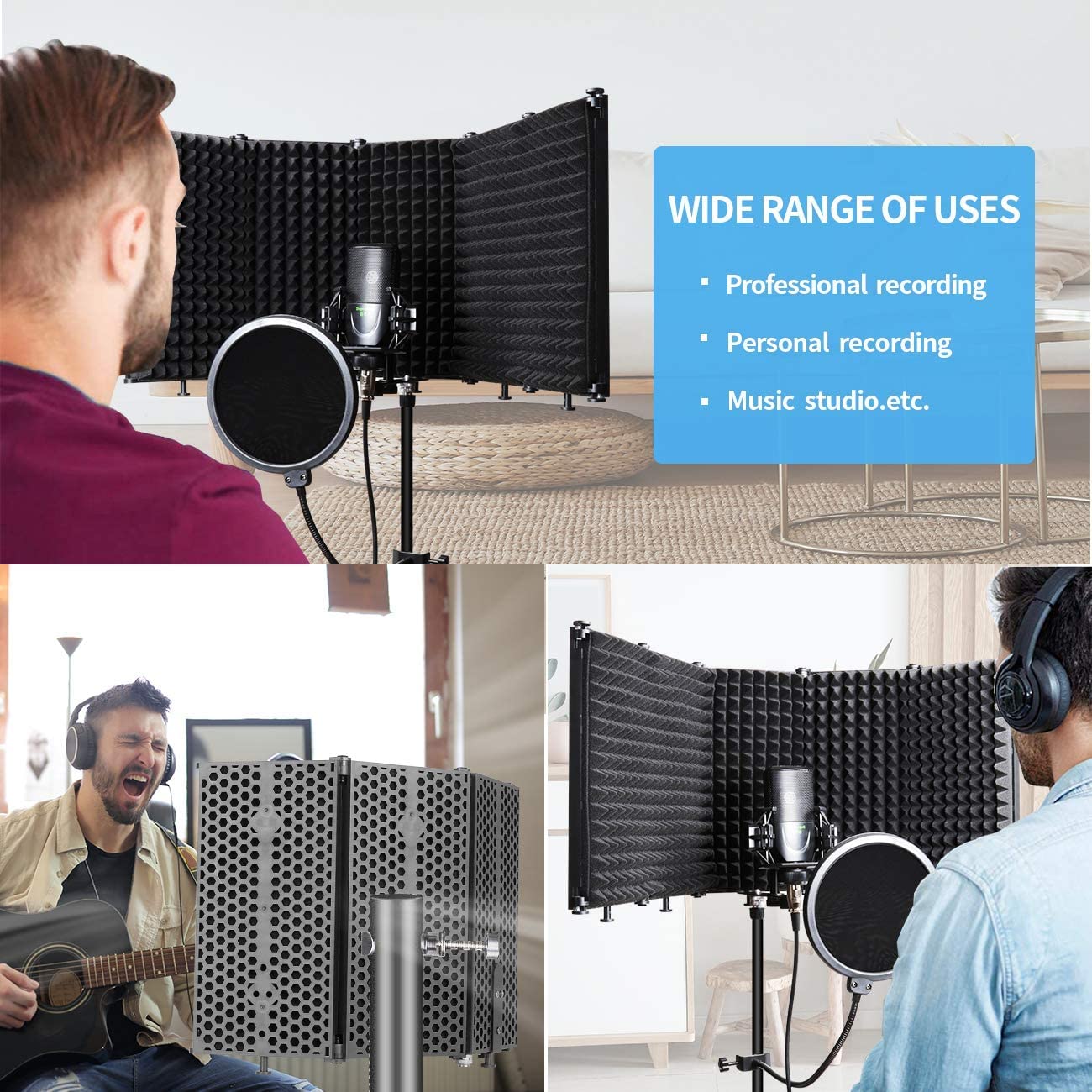 Depusheng W89 Scudo di isolamento per microfono pieghevole Registrazione in studio Trasmissione in diretta Filtro pop a 5 pannelli Isolatore per microfono ad alta densità regolabile