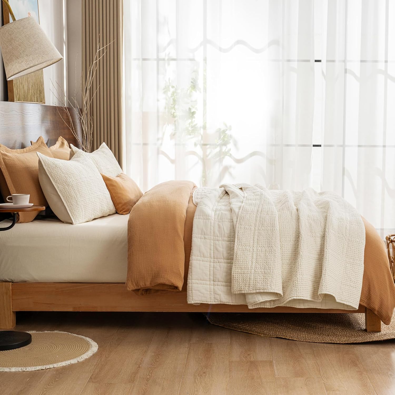 PHF Stone-Washed Waffle Quilt Set King Size (106"x90") - 100% Cotton Cover, 3PC Lightweight Diamond Quilted Bedspread with Polyester Fill, Soft Vintage Coverlet for Home Decor, Natural Undyed