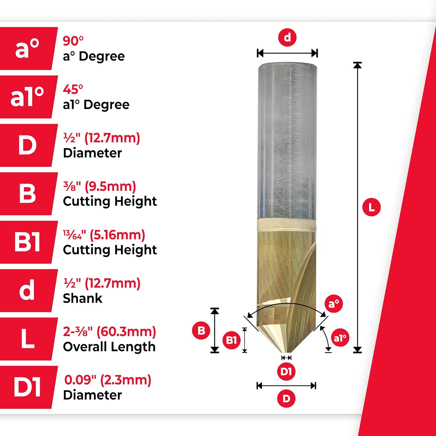Amana Tool Carbide V-Groove Router Bit for Composite Materials, ZrN Coated, 45747, 90 Degree, 0.090 Inch Tip Width x 13/64 x 1/2 Dia x 1/2 Inch Shank