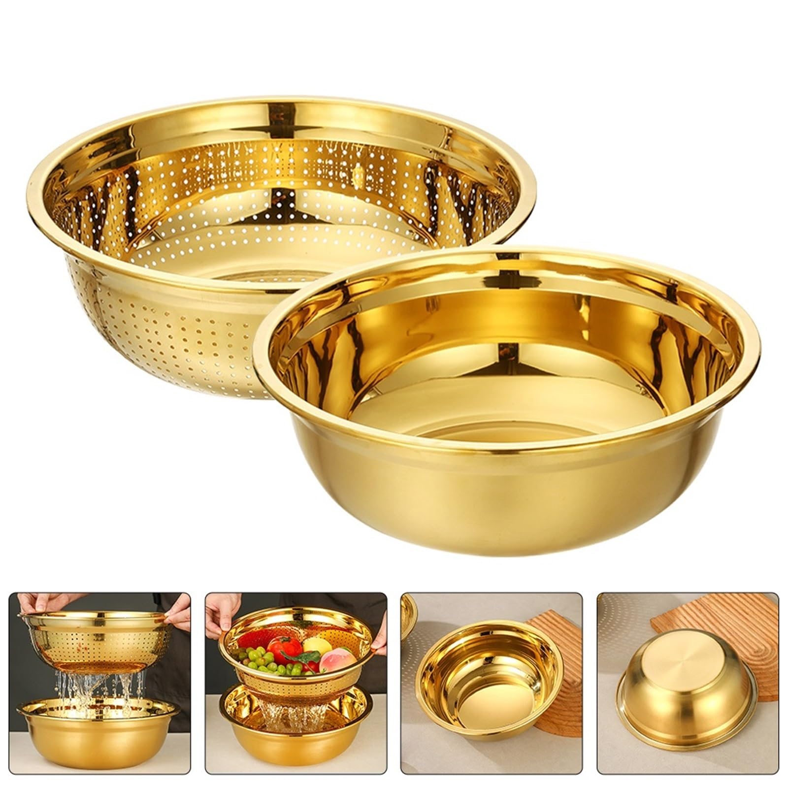 Colador De Arroz De Acero Inoxidable 1 Juego de colador dorado acero inoxidable con cuenco escurridor, malla fina, lavabo for lavar arroz, coladores cocina(16.00X16.00X5.50CM)