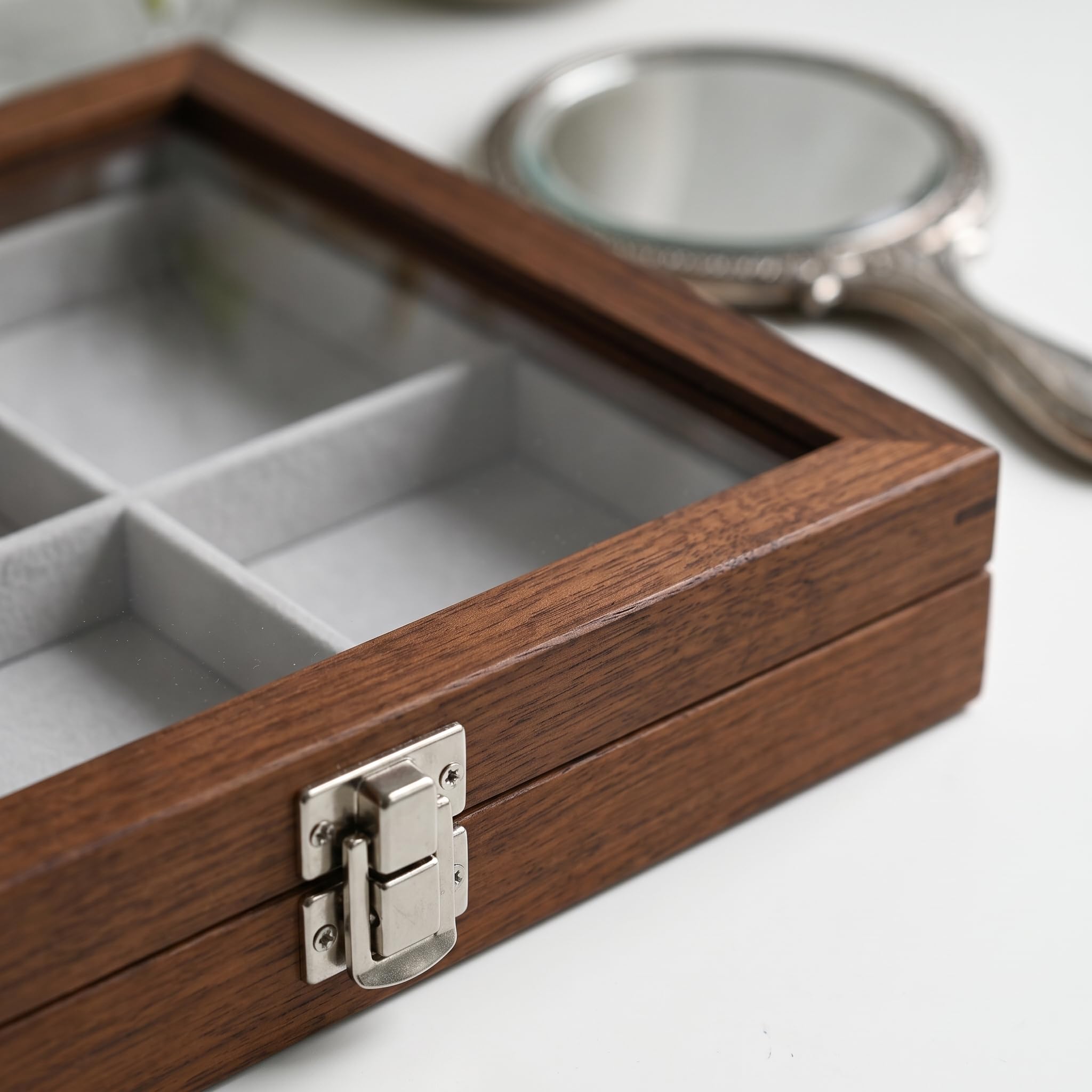 Boîte à bijoux en bois avec couvercle en verre, organisateur bijoux d'affichage pour montres et bagues, Rétro, Douze compartiments
