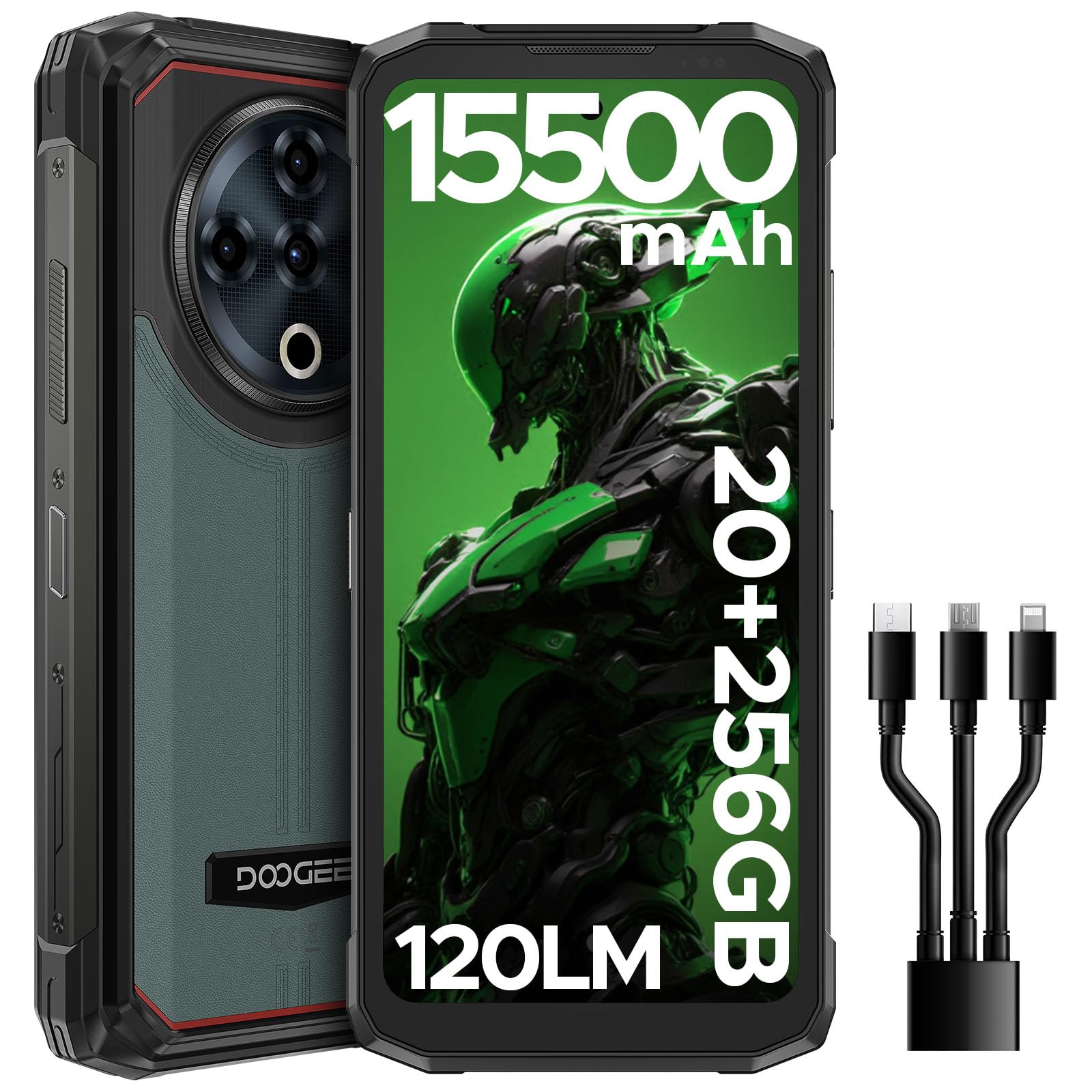 DOOGEE Fire 6 Power Outdoor Mobile Phone 20GB + 256GB/2TB, 15500mAh (33W) Outdoor Smartphone, 120LM Torch, 6.56 Inch HD+ Outdoor Mobile Phone Without Contract, Android 14, 50MP Camera, Dual 4G