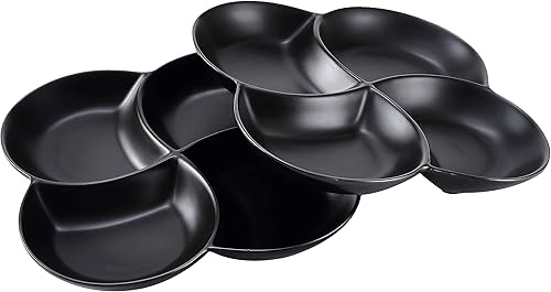 Miniatura 3 de Bruntmor Bandeja apilable de cerámica de 8.5 pulgadas de 4 secciones en color negro  Juego de 2 platos de aperitivos, embutidos, alimentos,