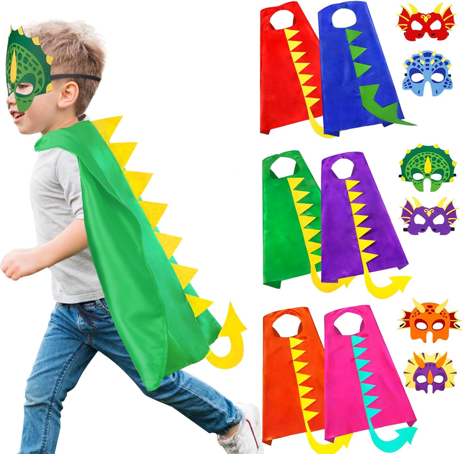 iROLEWIN Dinosaur-Capes-Costume for Kids Dragon Masks Dino-Party-Favors 6 Pack Toddlers Boys Dress-up Costumes Role Play Gift