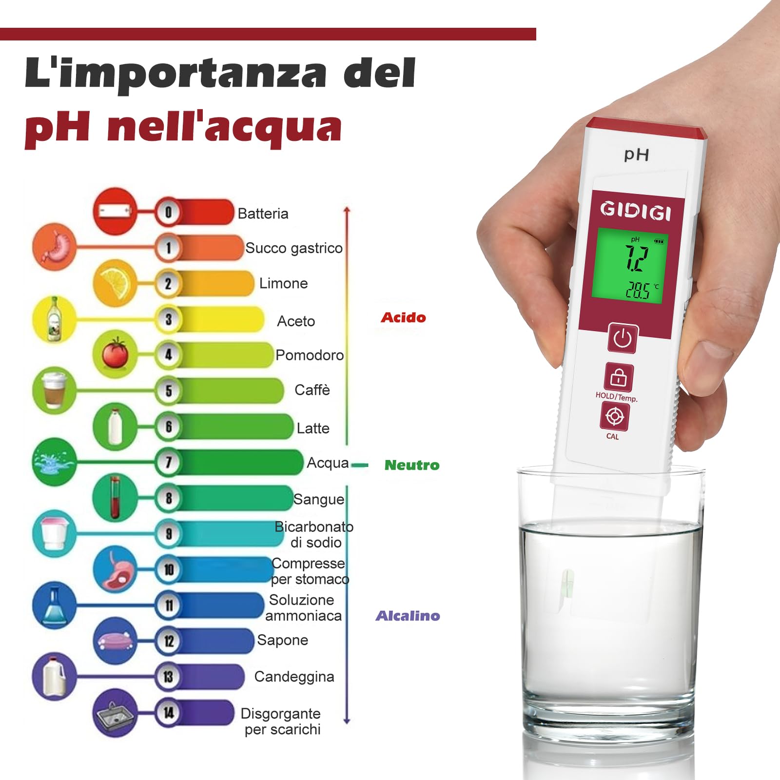 Misuratore di pH per acqua con display a colori, misuratore di pH digitale professionale, kit di calibrazione del pH analizzatore di qualità dell'acqua per piscine, terme, idroponica, acquari e
