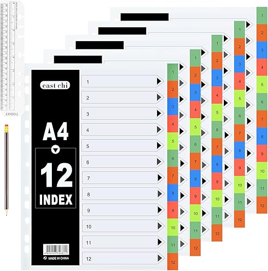 A4 File Dividers 12 Part Index Tabs (5 Pack) 112 Wide Color Subject