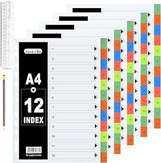 A4 File Dividers 12 Part Index Tabs (5 Pack)1-12 Part A4 Wide Color Tabs Subject Dividers Index Dividers with 11-Holes Multi Colors Tabs for Home Office School A4 File Dividers Ring Binder Dividers