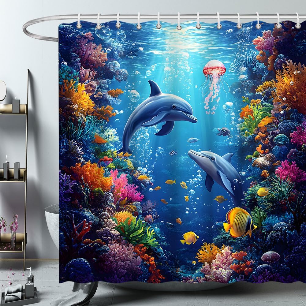 Dolphin Shower Curtain Blue Ocean Tropical Fish Coral Jellyfish Underwater Animal Nautical Adventure Bathroom Polyester Curtains Set with Hooks 75x70 Inch