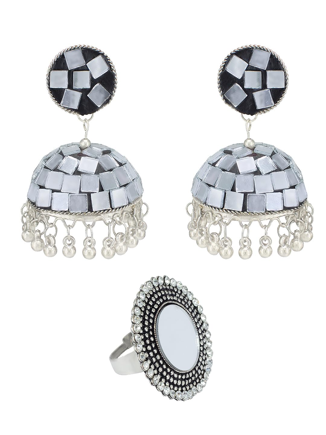 Silver Oxidised Mirror Studded Finger Ring & Earrings Set For Women & Girls (B0D6R5JBD8) Amazon Price History, Amazon Price Tracker