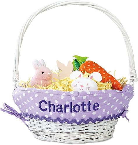 Lillian Vernon Cesta de Pascua de mimbre personalizada para niños, forro lavanda extraíble, para niñas y niños, primera búsqueda de huevos del bebé,