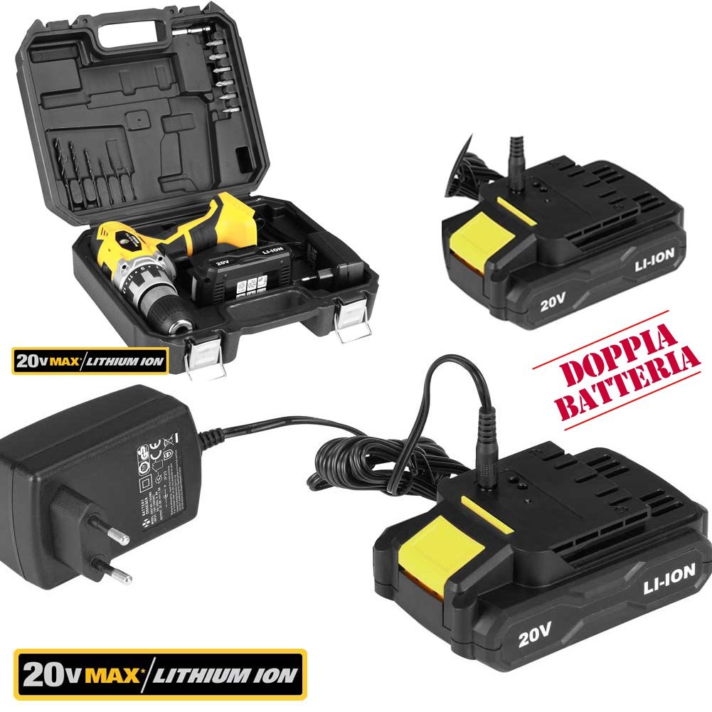 Bakaji Power Tools Wiertarka litowo-akumulatorowa w walizce akumulatorowa podwójna prędkość (wiertarka 20V + 2 baterie litowo-jonowe)
