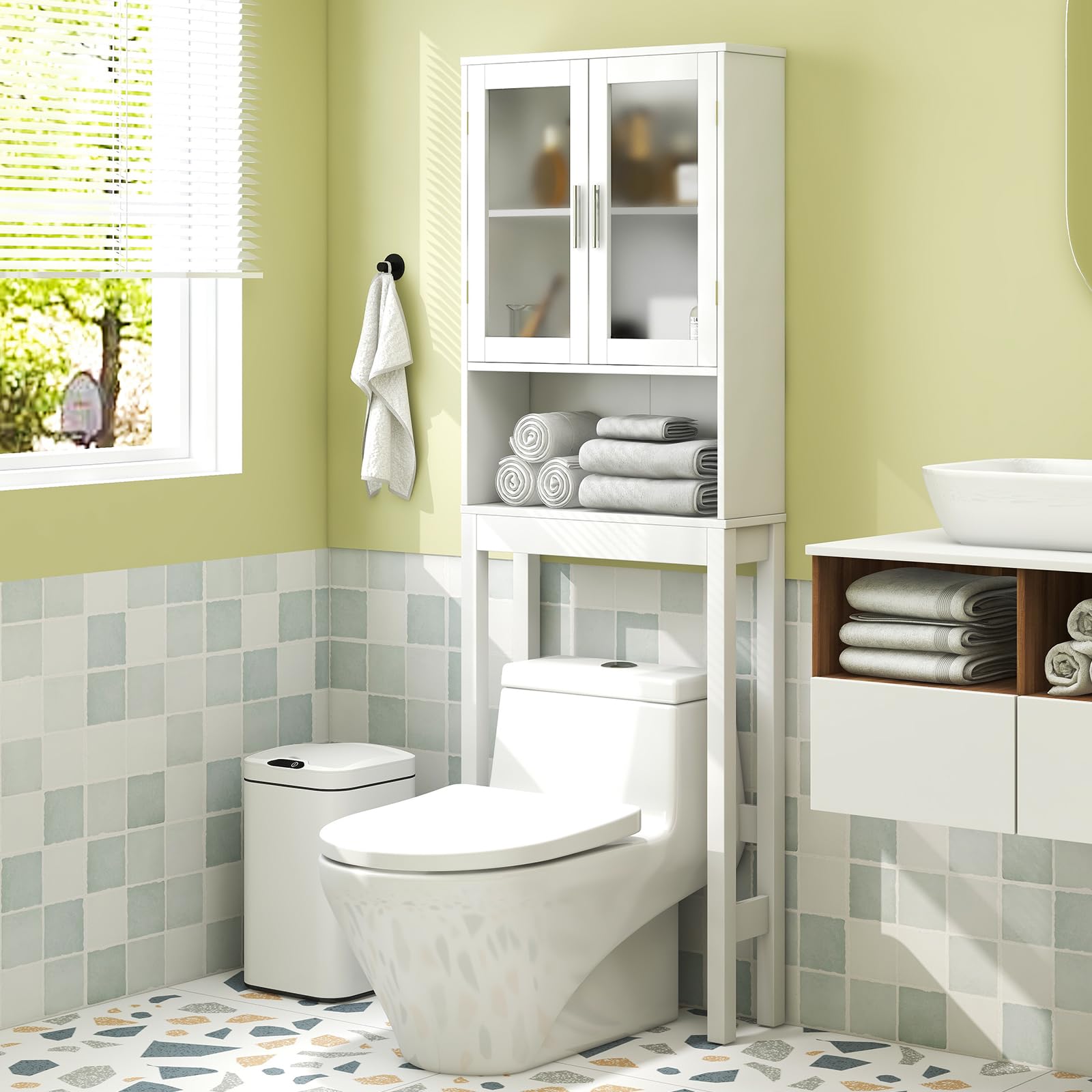 GOPLUS Armario de Almacenamiento sobre el Inodoro, Organizador de Baño con Puerta de Vidrio Templado Doble, Estante Ajustable, Estante Abierto, 170 cm