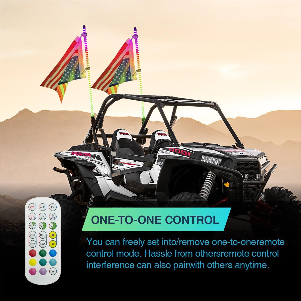 2 Pack 2ft COB LED Whip Lights with APP & Remote, ATV Whip Lights for Side by Side Slim Spiral RGB Chasing Lighted Whips with Rocker Switch for RZR Can-Am SXS Polaris Offroad Truck (COB 2FT 2PACK)