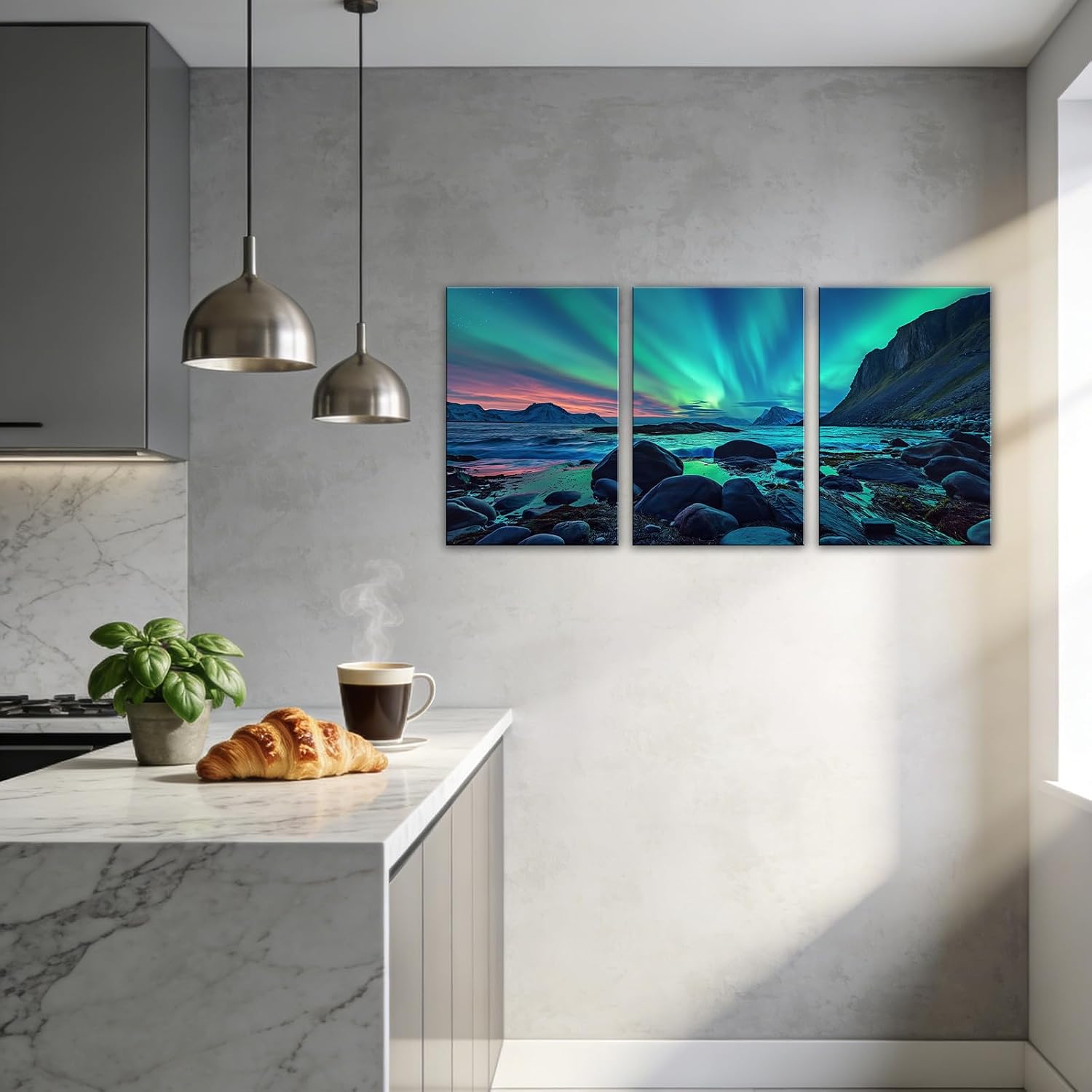GLOKAKA 3 Piece Aurora Borealis Canvas Wall Art Coastal Rocks Ocean Seascape Paintings Natural Landscape Poster for Living Room Bedroom Home Wall Decor(Artwork-3,11"x14"x3pcs)