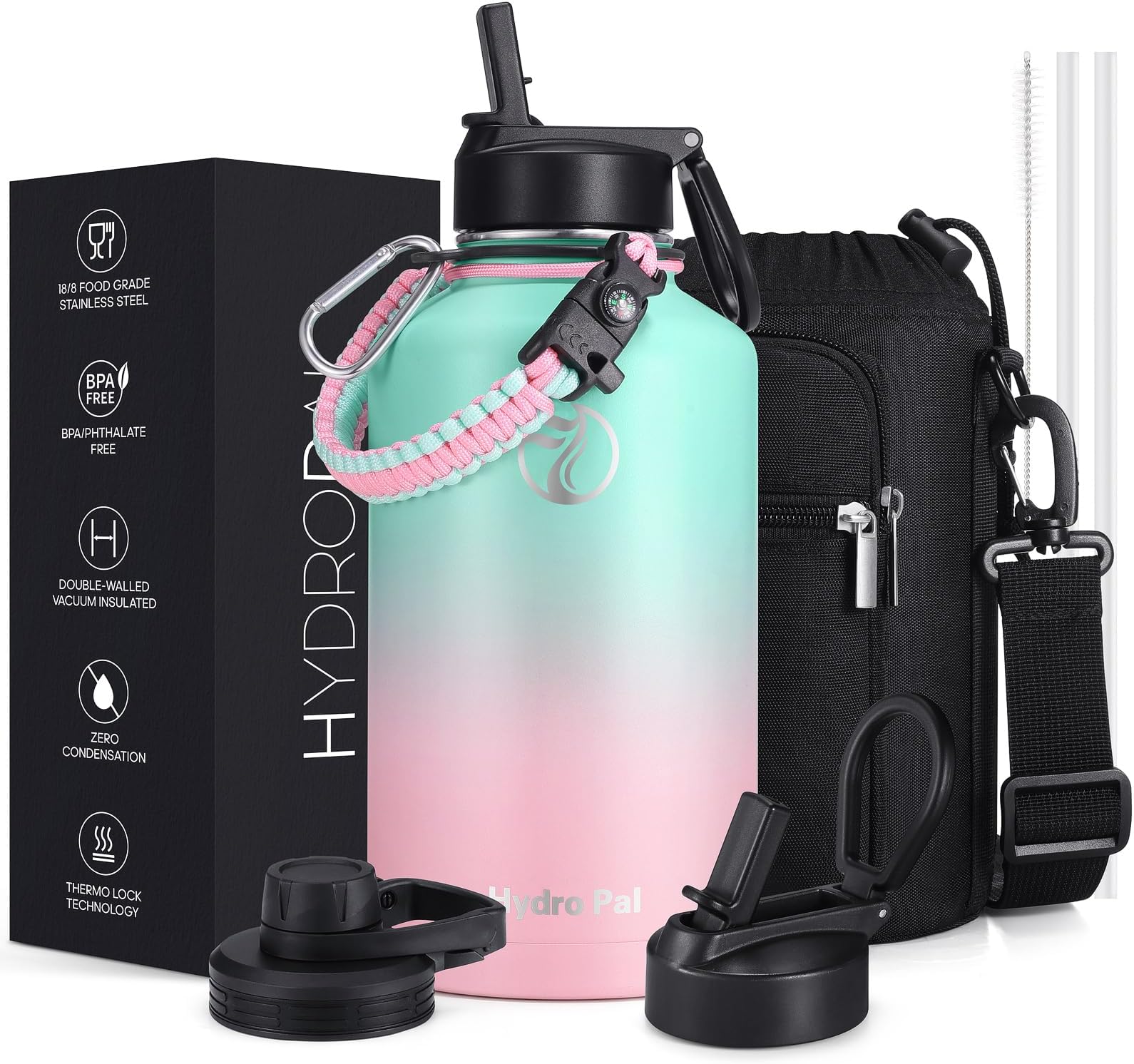 HydroPal Stainless Steel Drinking Bottle - 750 ml, 1 L, 1.2 L, BPA-Free, Suitable for Carbonated Drinks, Insulated Bottle with Straw & 2 Lids, Leak-Proof Insulated Bottle for Sports (Greenish Pink