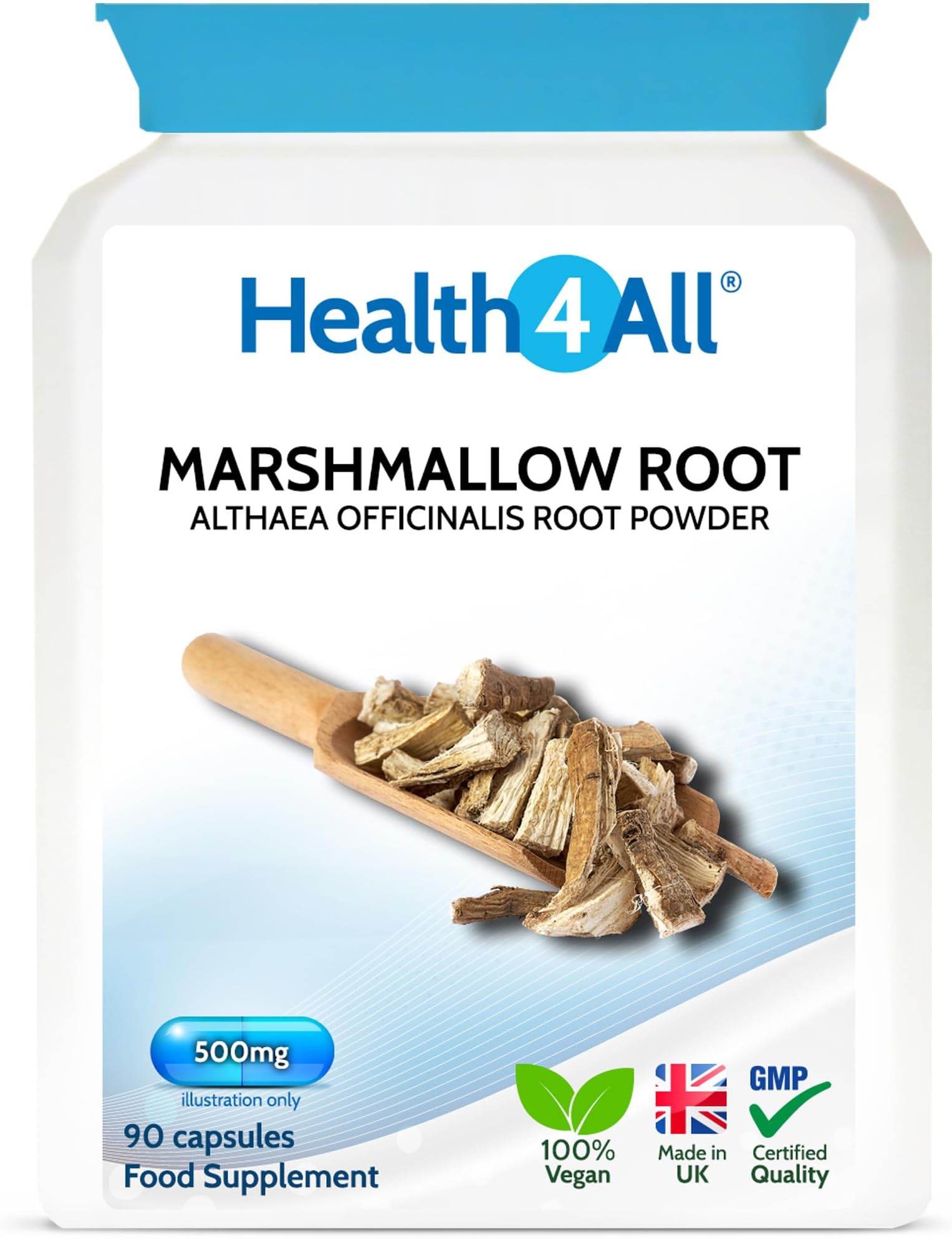 Health4All Marshmallow Root 500mg per Capsule, 90 Capsules, Digestive & Resporatory Health Supplement Soothing Relief, Purest Vegan Natural Althea Officinalis Supplement | Made in UK