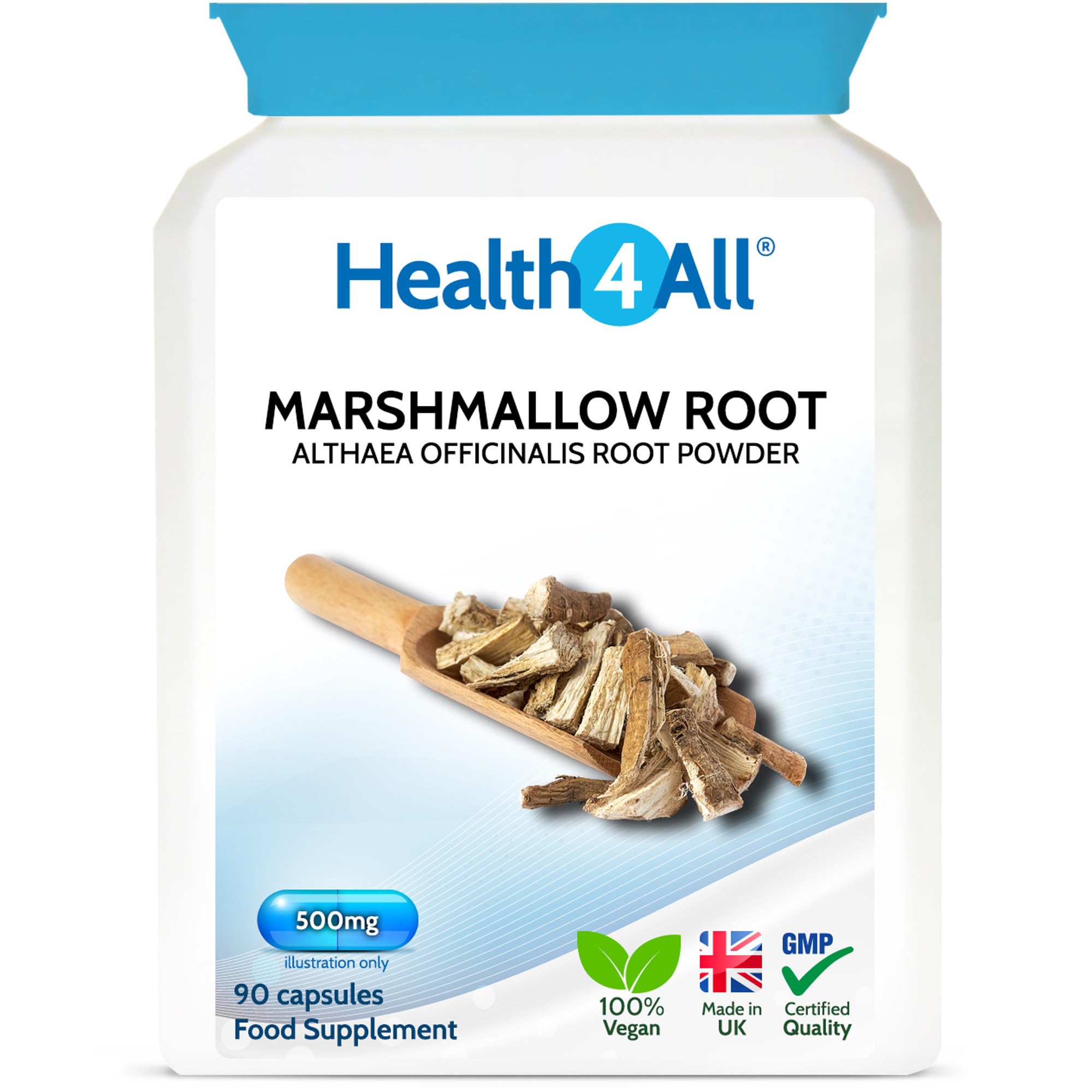 Health4AllMarshmallow Root 500mg per Capsule, 90 Capsules, Digestive & Resporatory Health Supplement Soothing Relief, Purest Vegan Natural Marshmallow Root Supplement | Made in UK