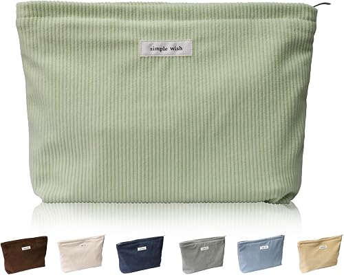 Wudygirl Makeup Bag,Cute Corduroy Cosmetic Bag,Large Capacity Travel Toiletry Bag for Women and Girls,Makeup Bag Organizer Zipper Pouch, Light Green, 10.5x8.25 inches, Fashion