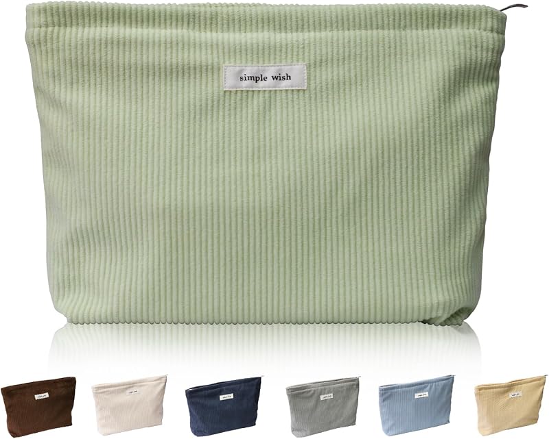 Necessaire de maquiagem Wudygirl retangular em veludo cotelê e lona verde-claro, 27,31 cm x 5,08 cm x 19,05 cm