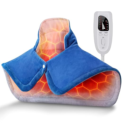 DESUNIC Heating Pad for Neck and Shoulder, Neck Heating Pad for Neck Pain, 2lb Weighted Shoulder Heating Pads, 6 Heating Settings, 4 Auto-Off Timers, Gifts for Women Men Mom Dad, Birthday Gifts Blue