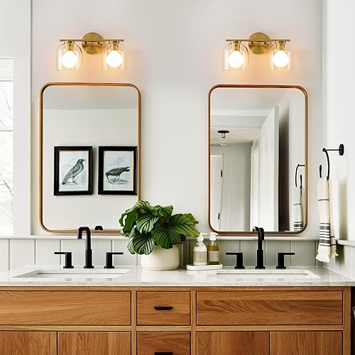 Miniatura 2 de WOSHITU Lámparas de tocador de baño 14.2 pulgadas modernas lámparas de baño doradas sobre espejo con pantalla de vidrio transparente, oro cepillado