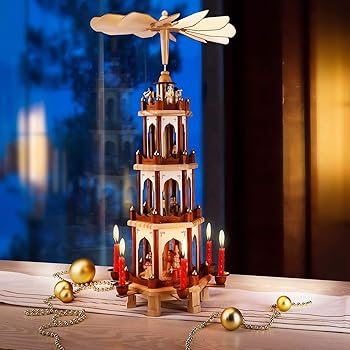 Spielwerk Deuba Christmas Pyramid 60cm Rotating Decoration Wood Traditional Xmas German Candle Lights Windmill 4 Tier (Brown)