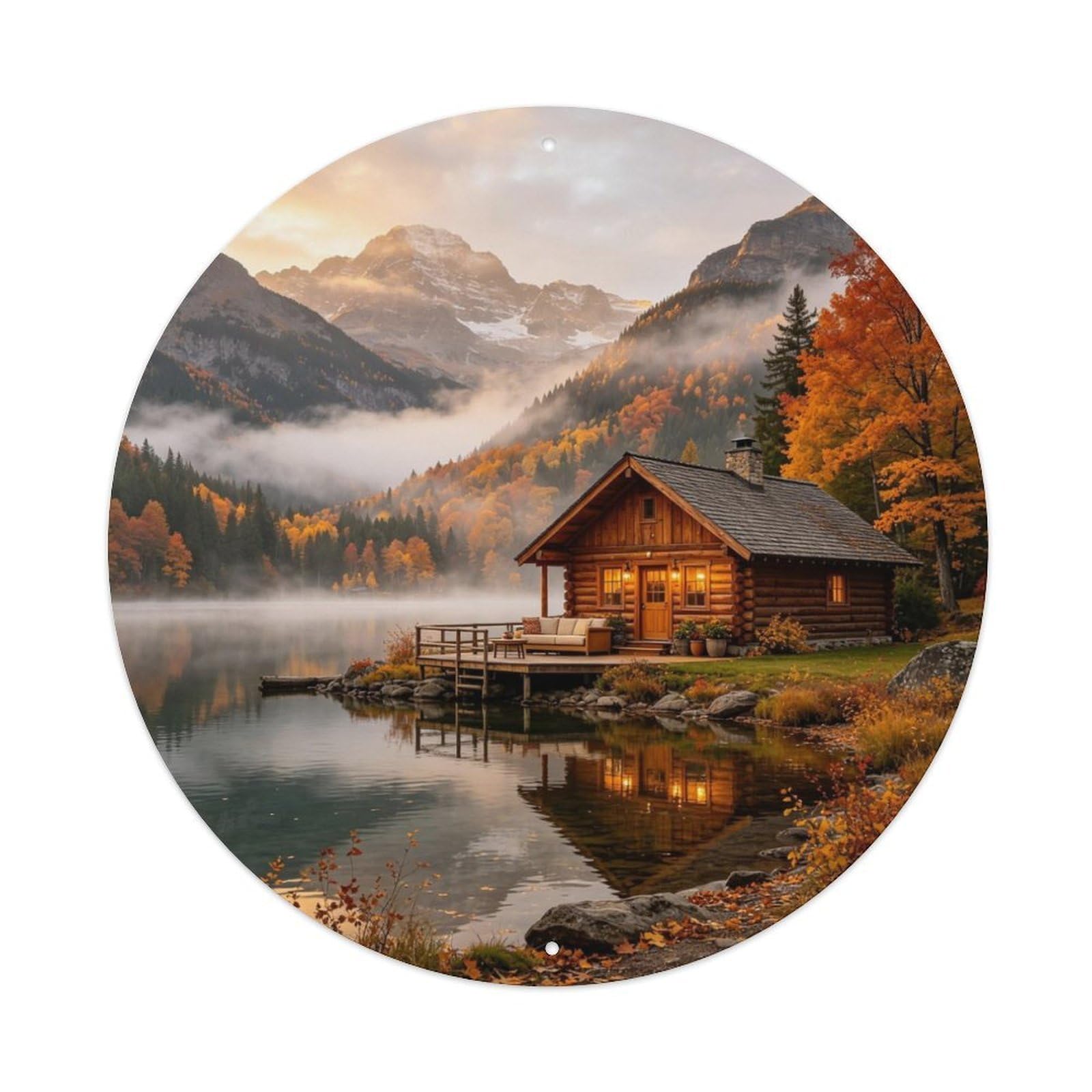Mountain Lake Cabin Autumn Metal Tin Sign Plaque