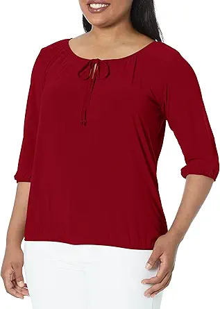 Star Vixen Women's Petite 3/4 Sleeve Tieneck Elasticized Peasant Top