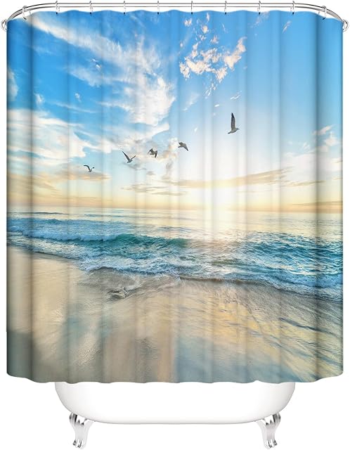OCEUMACO 3D Ocean Beach Shower Curtain Wet Room Tropical Sea Scenery Shower Curtains Bathroom Outdoor Birds Sunset Pattern Bath Curtain Mould Proof Resistant Washable 180 x 180 cm Waterproof