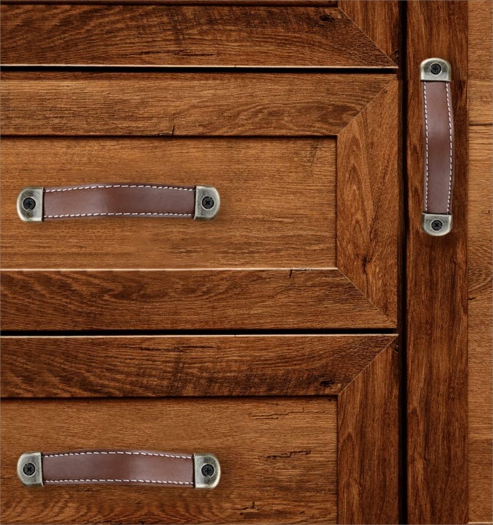 Leather Drawer Pulls with Iron Sheet Enhanced Bearing Capacity 6pcs Cabinet Pulls Wooden Box Pulls Gift Box Leather Pulls Handle with Tapping Screws (Hole Distance 3.8", 6Pack, Red-Brown)