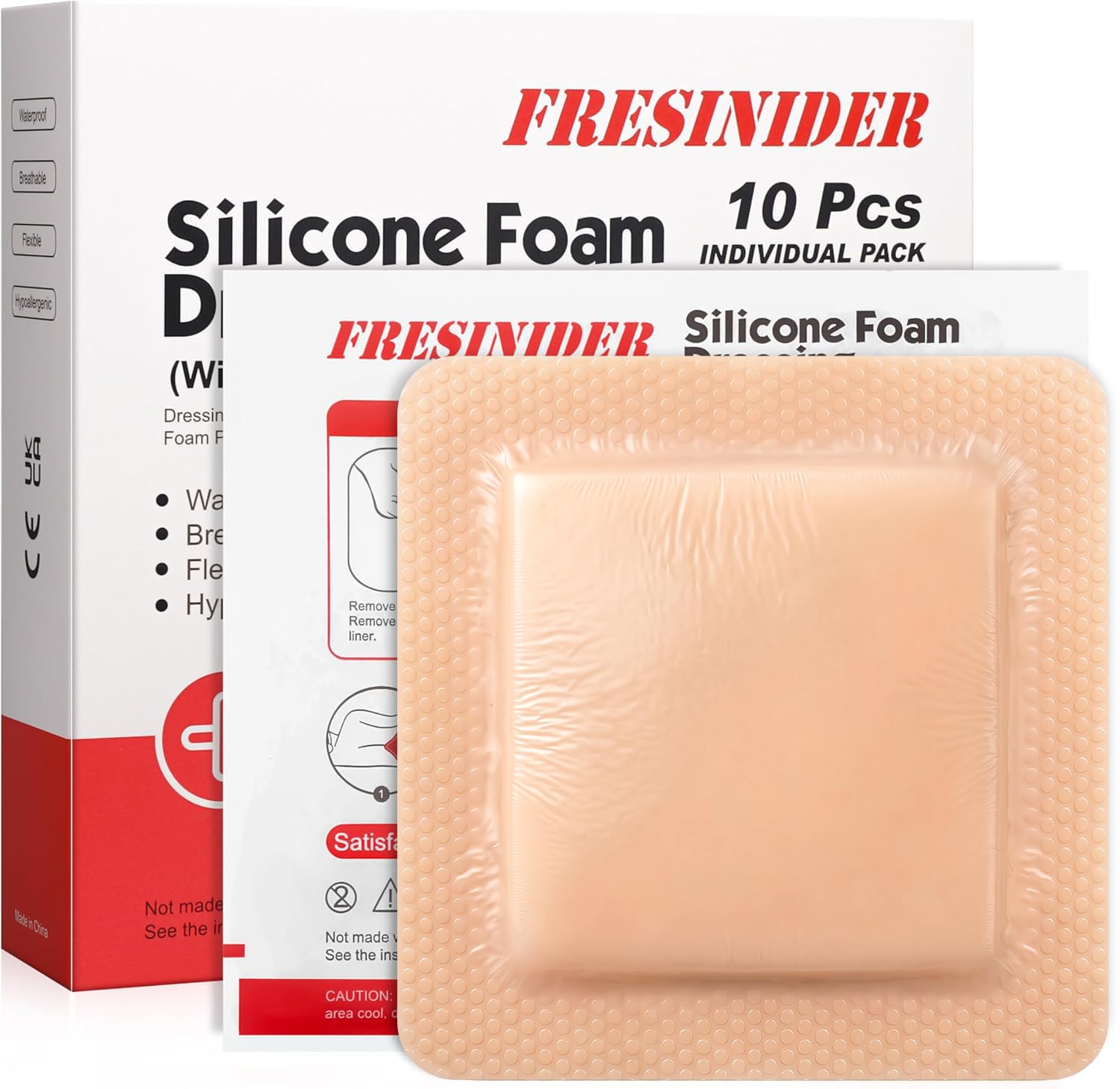 FRESINIDER Large Sacrum Silicone Foam Dressing 6" x 6", 10 Pack – Super Absorbent Silicone Border Dressing for Bed Sores, Sacral Pressure Ulcers &amp; Post-Surgery Care – Waterproof, Breathable &amp; Gentle